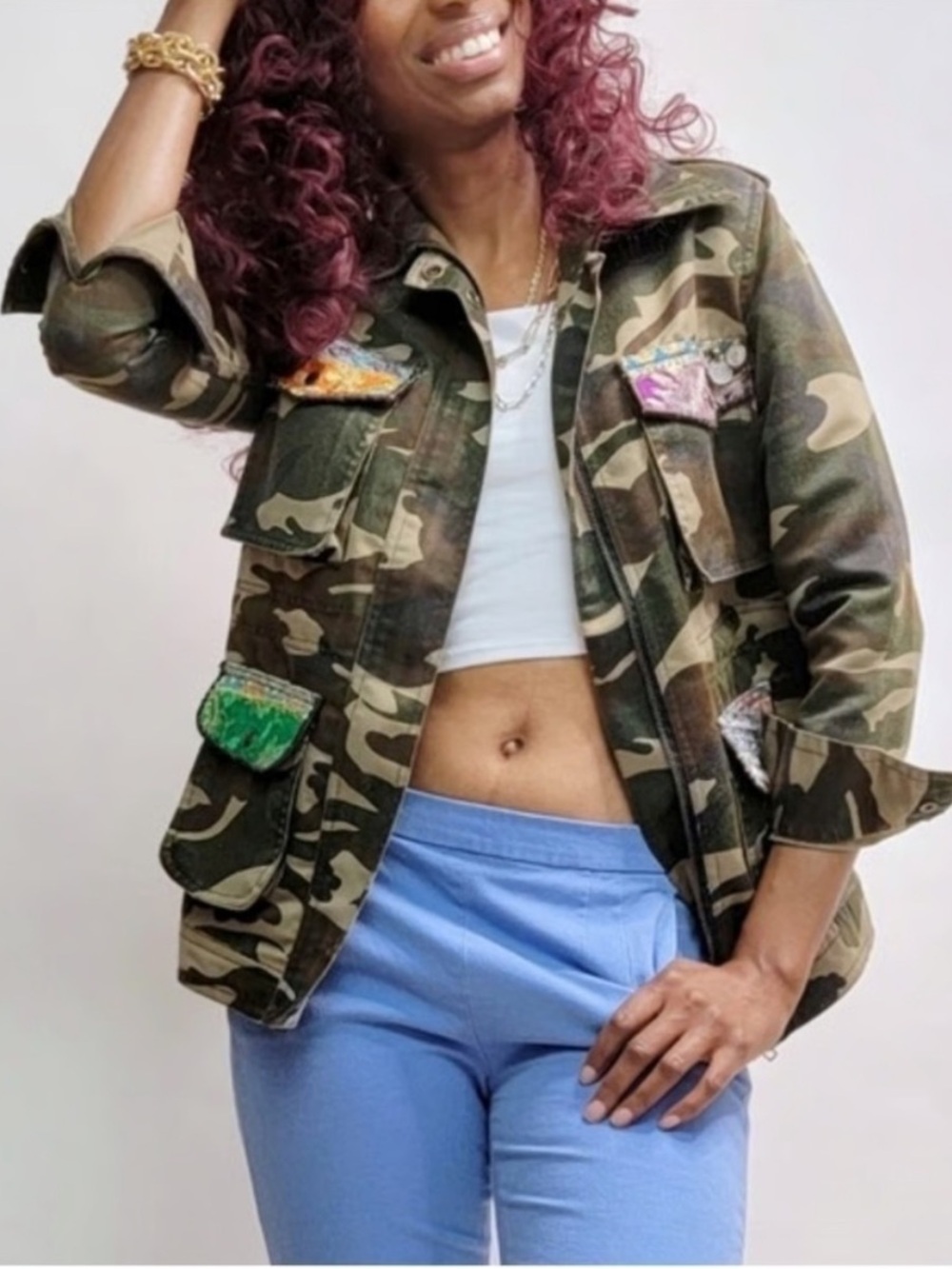 Anthropologie Camo Utility Jacket with Colorful Patch Details